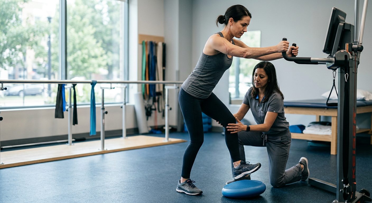 Catastrophic injury survivor working with physical therapist on mobility recovery in rehabilitation clinic.