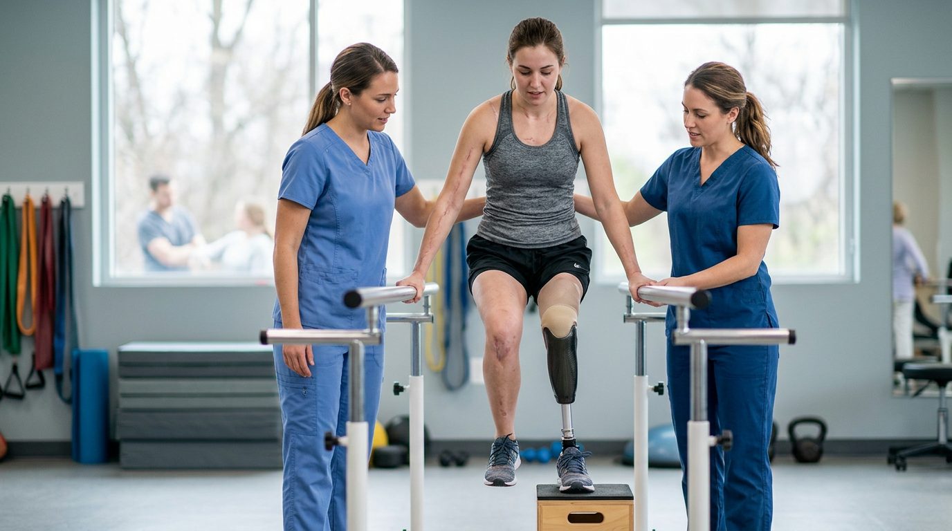 Catastrophic injury survivor working with physical therapist on mobility recovery in rehabilitation clinic.