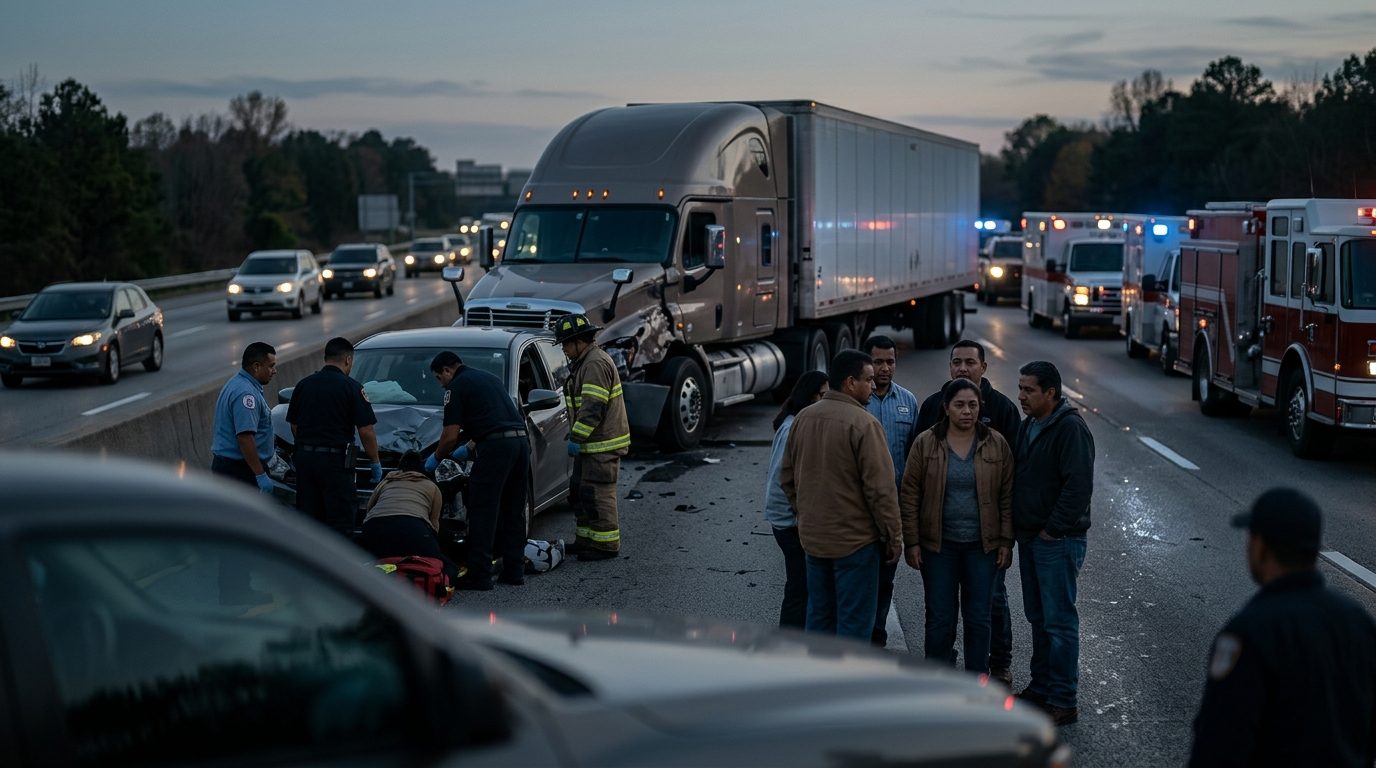 Colisión de camión comercial en autopista al atardecer con personas hispanas.