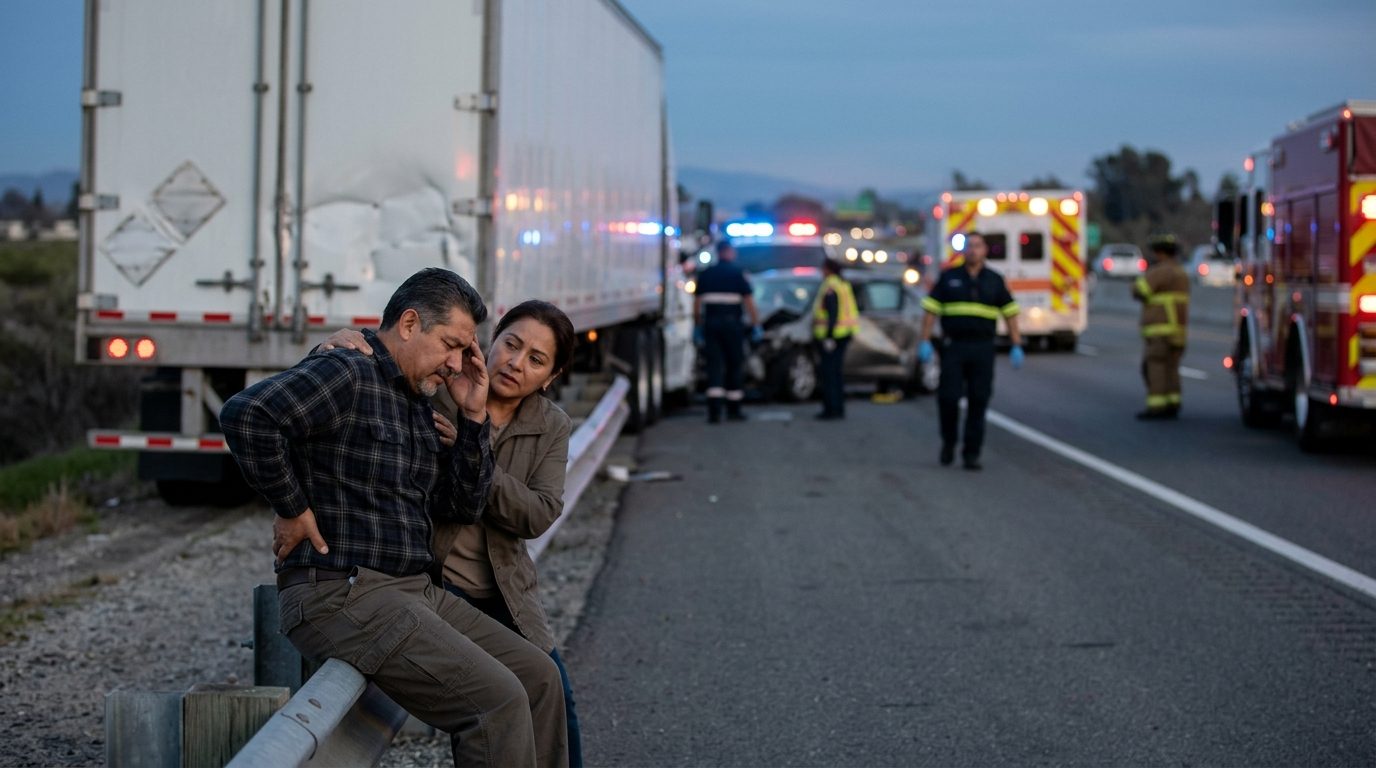 Colisión de camión comercial en autopista con personas hispanohablantes al atardecer.