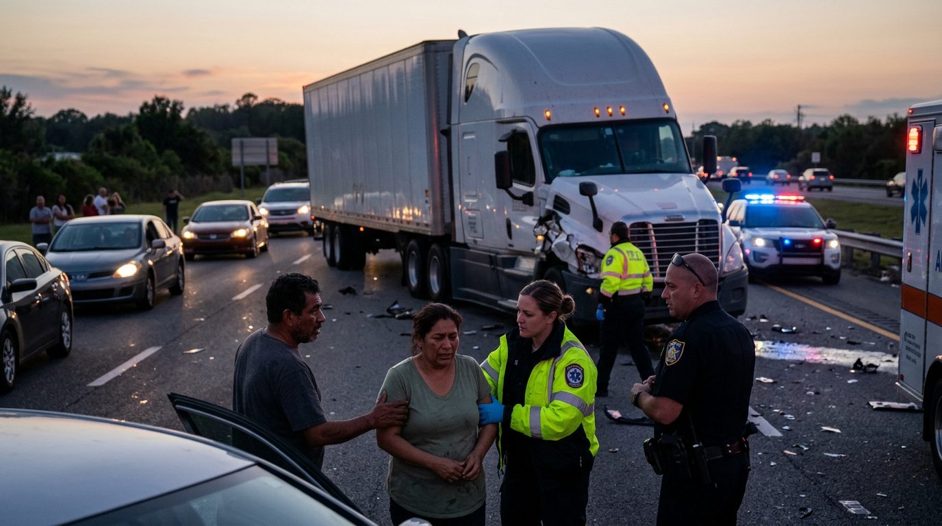 Colisión de camión comercial en carretera al atardecer con personas hispanas.