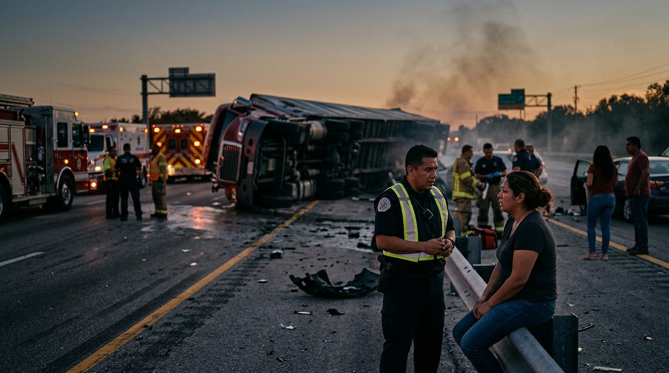 Colisión de camión comercial en carretera al atardecer con personas hispanohablantes.