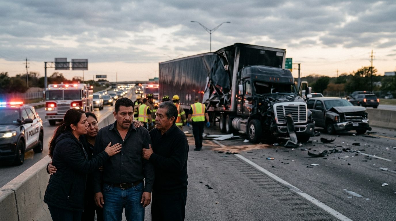Colisión de camión comercial en carretera al atardecer con personas hispanas.
