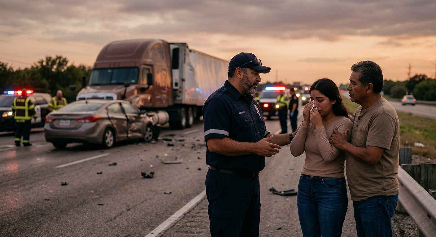 Colisión de camión comercial en carretera al atardecer con personas hispanas.