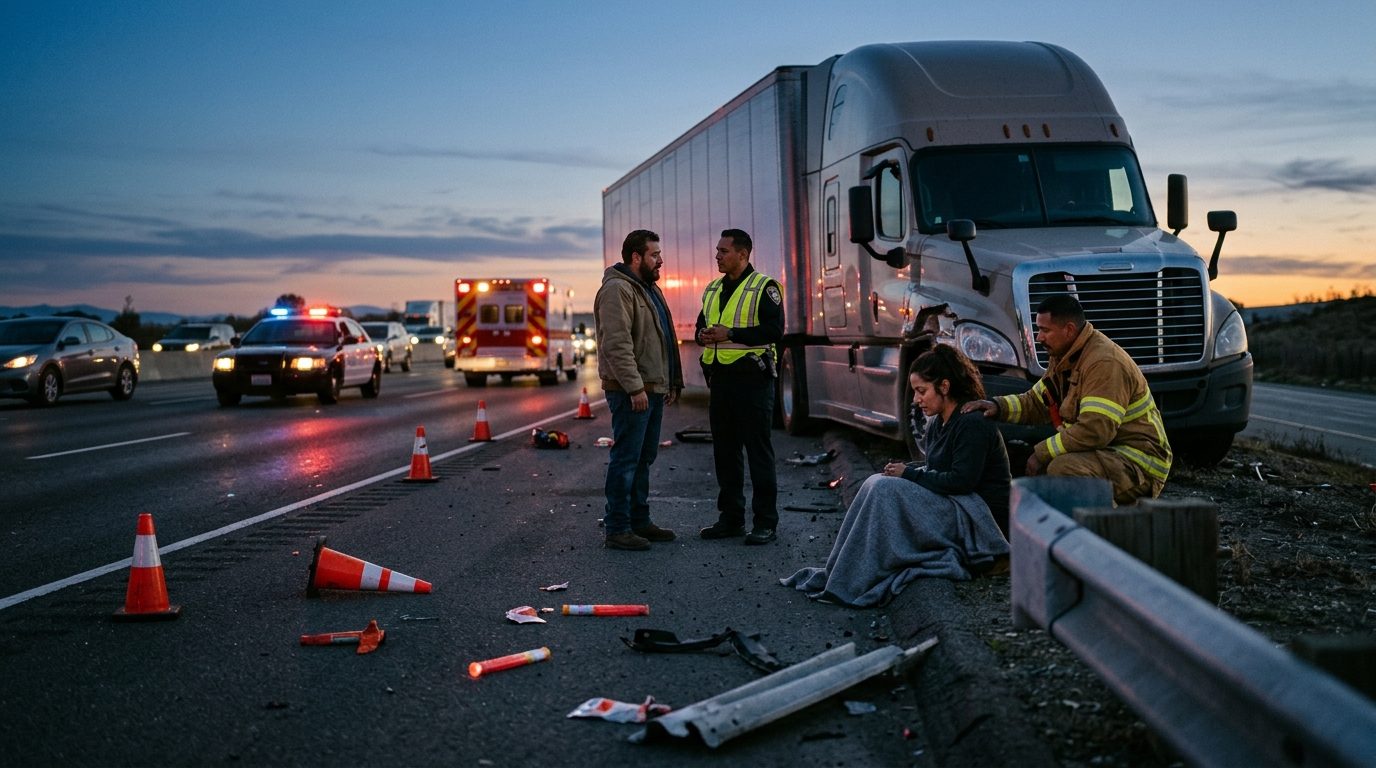 Colisión de camión comercial en carretera al atardecer con personas hispanas.