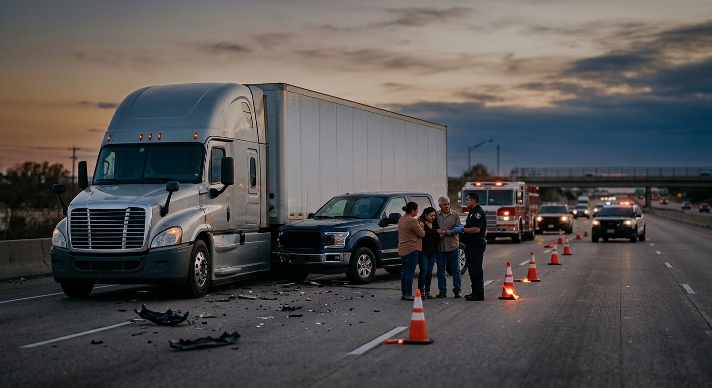 Colisión de camión comercial en carretera al atardecer con personas hispanolas.
