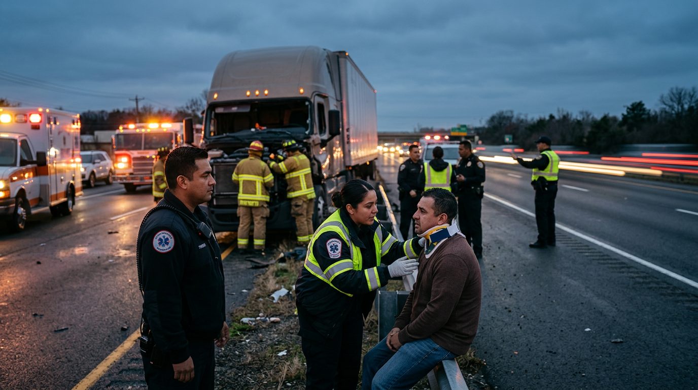 Colisión de camión comercial en carretera al atardecer con personas hispanas.