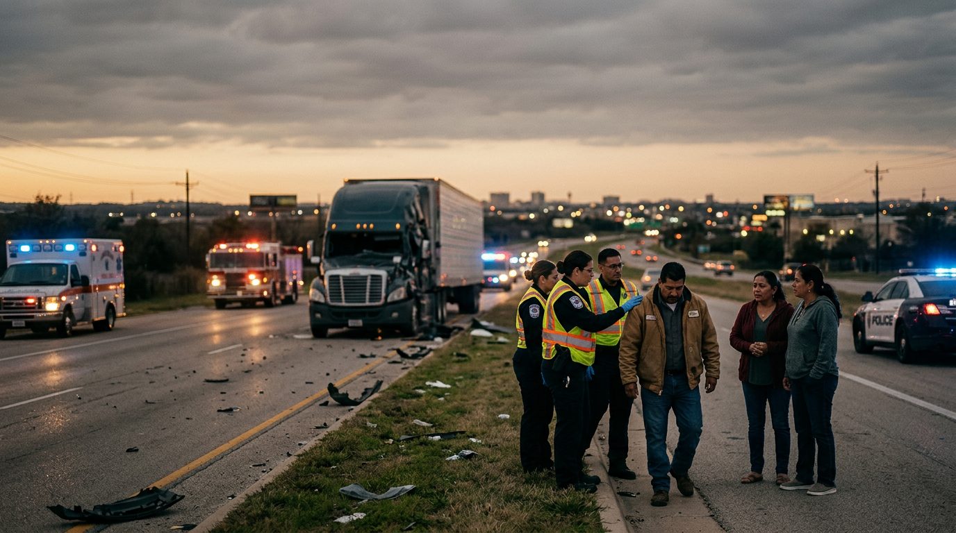 Colisión de camión comercial en carretera al atardecer con personas afectadas.