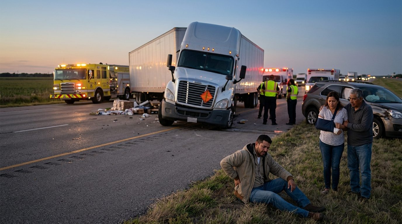Colisión de camión comercial en carretera con personas hispanas evaluando daños al atardecer.