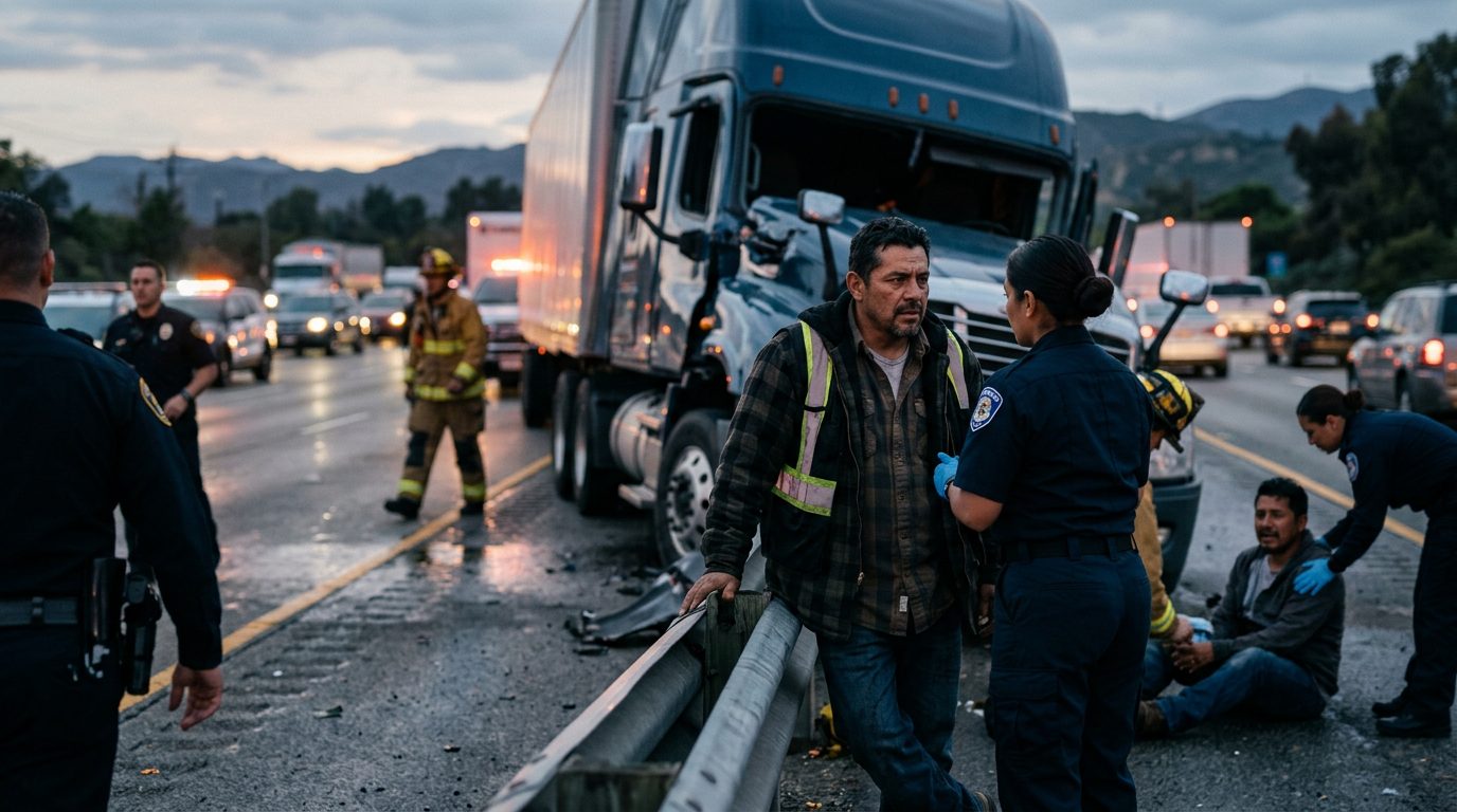 Colisión de camión comercial en carretera con personas hispanohablantes en la escena.