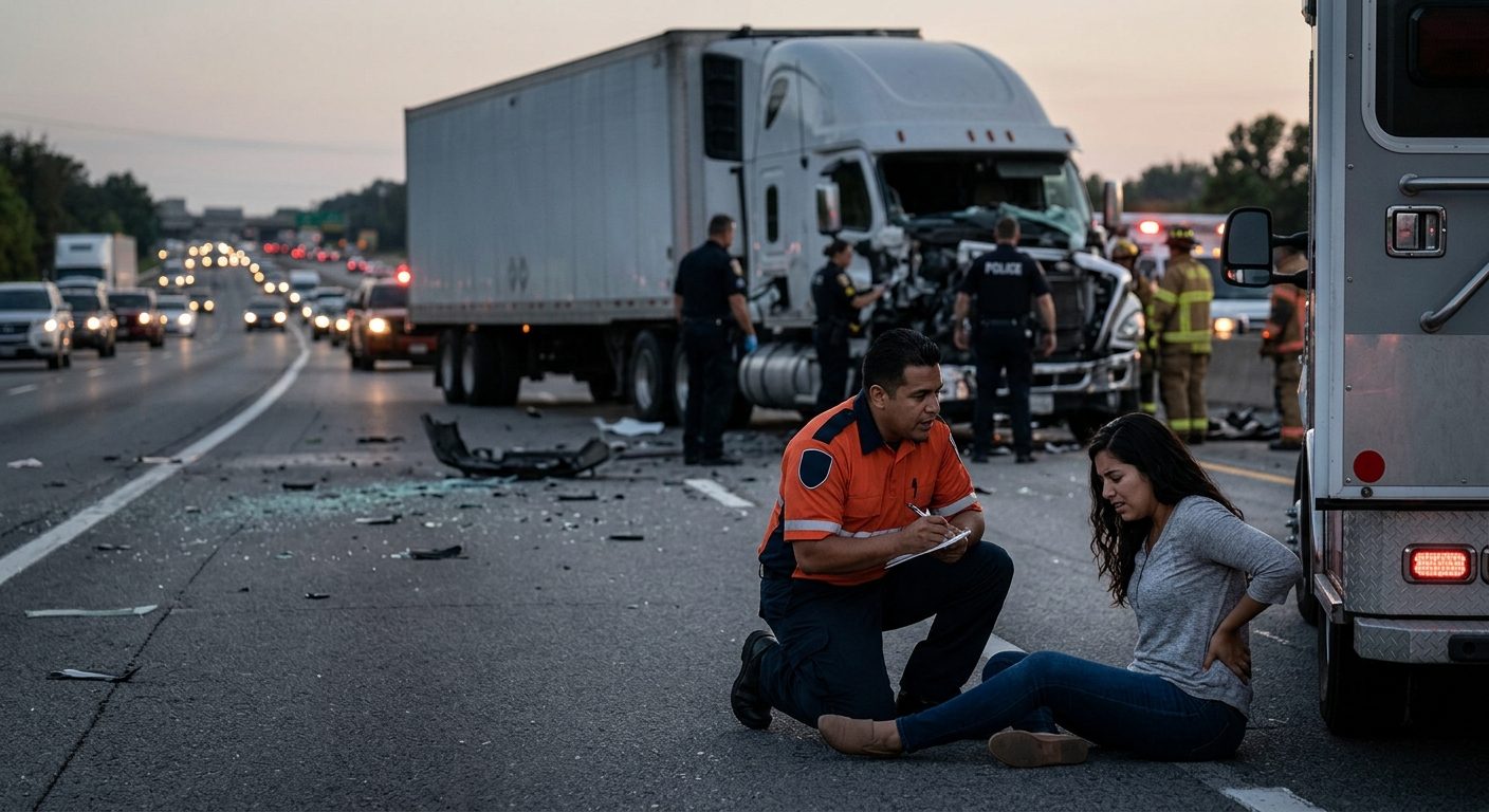 Colisión de camión comercial en carretera con víctimas de lesión de espalda grave.