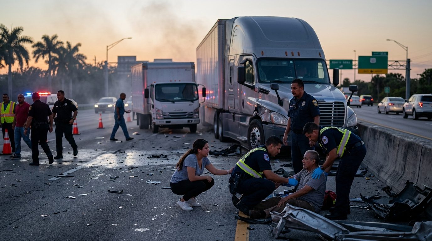 Colisión grave de camión comercial en carretera al atardecer con personas hispanolas.