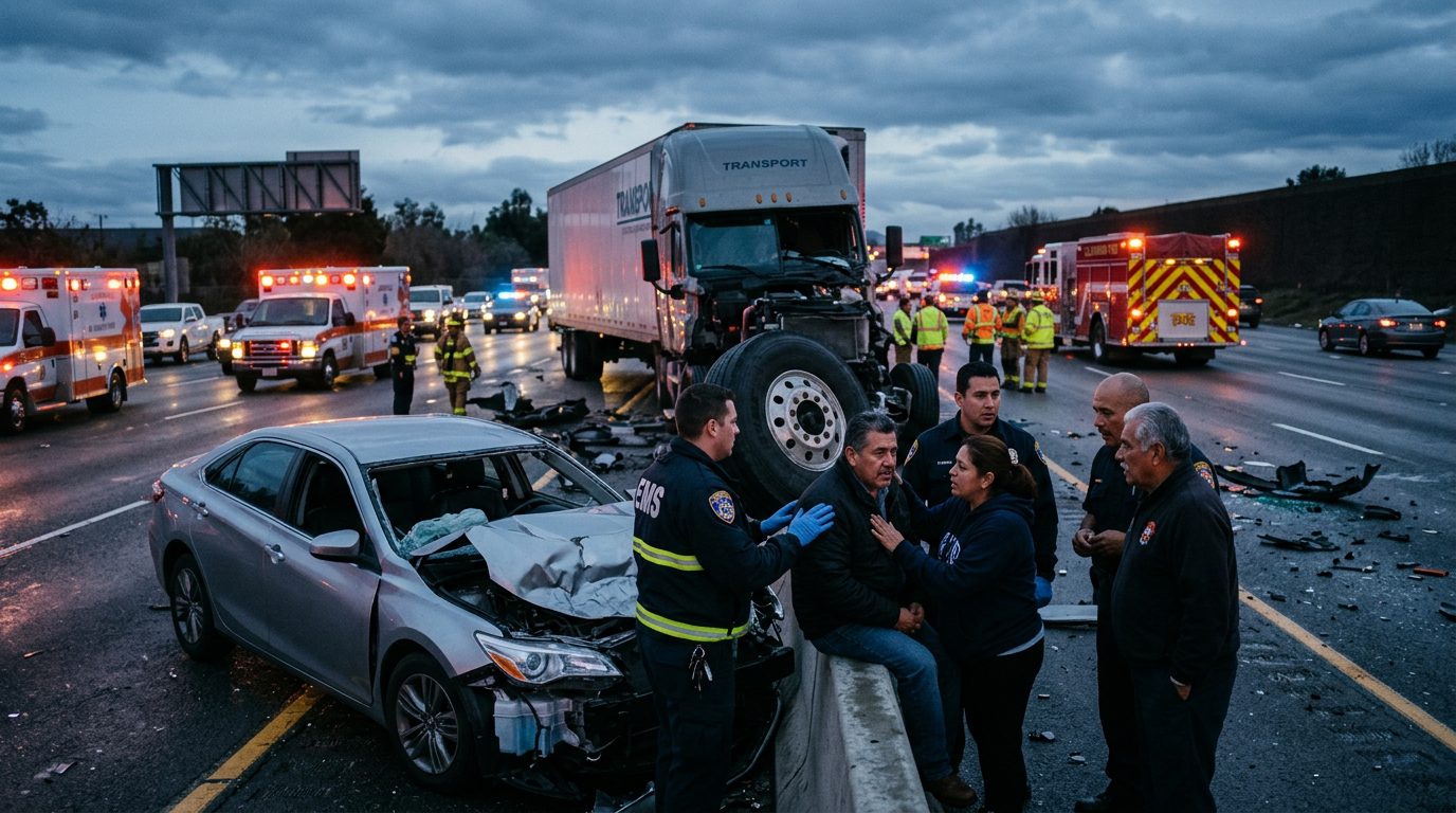 Colisión grave de camión comercial en carretera al atardecer con personas hispanohablantes.