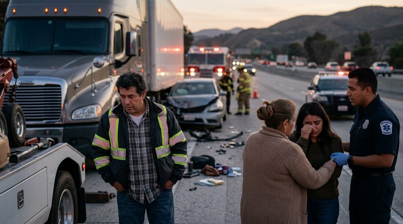 Colisión grave de camión comercial en carretera al atardecer.