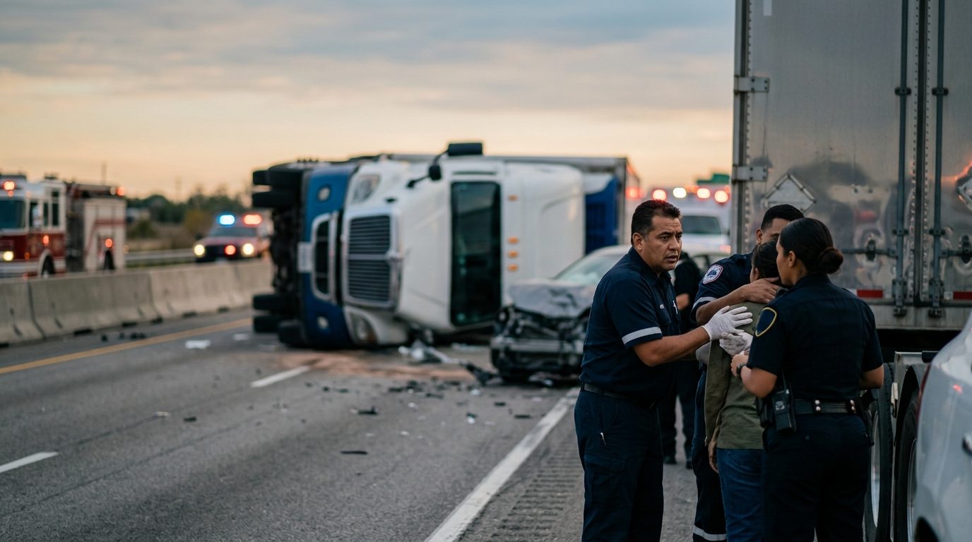 Colisión grave de camión comercial en carretera al atardecer con personas hispanolas.