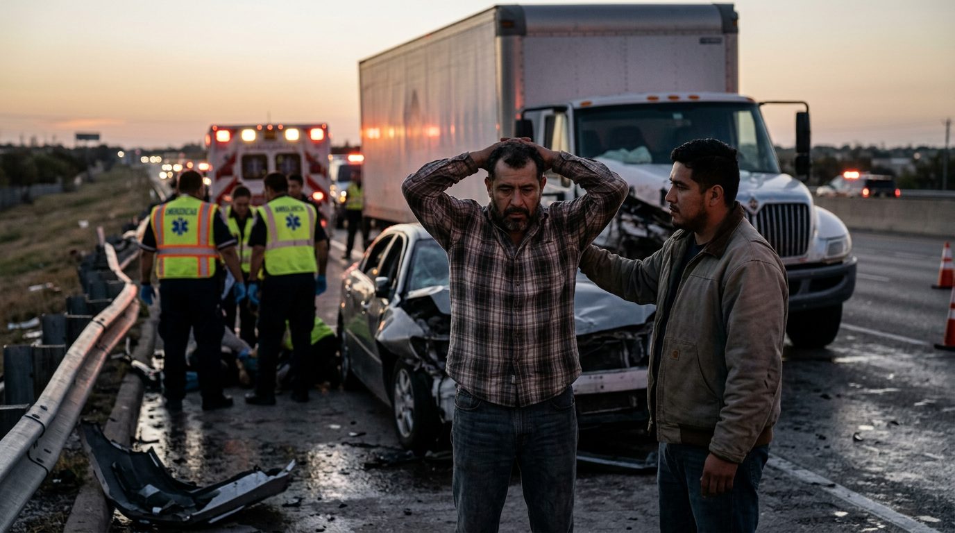 Colisión grave de camión comercial en carretera al atardecer con personas hispanolas.