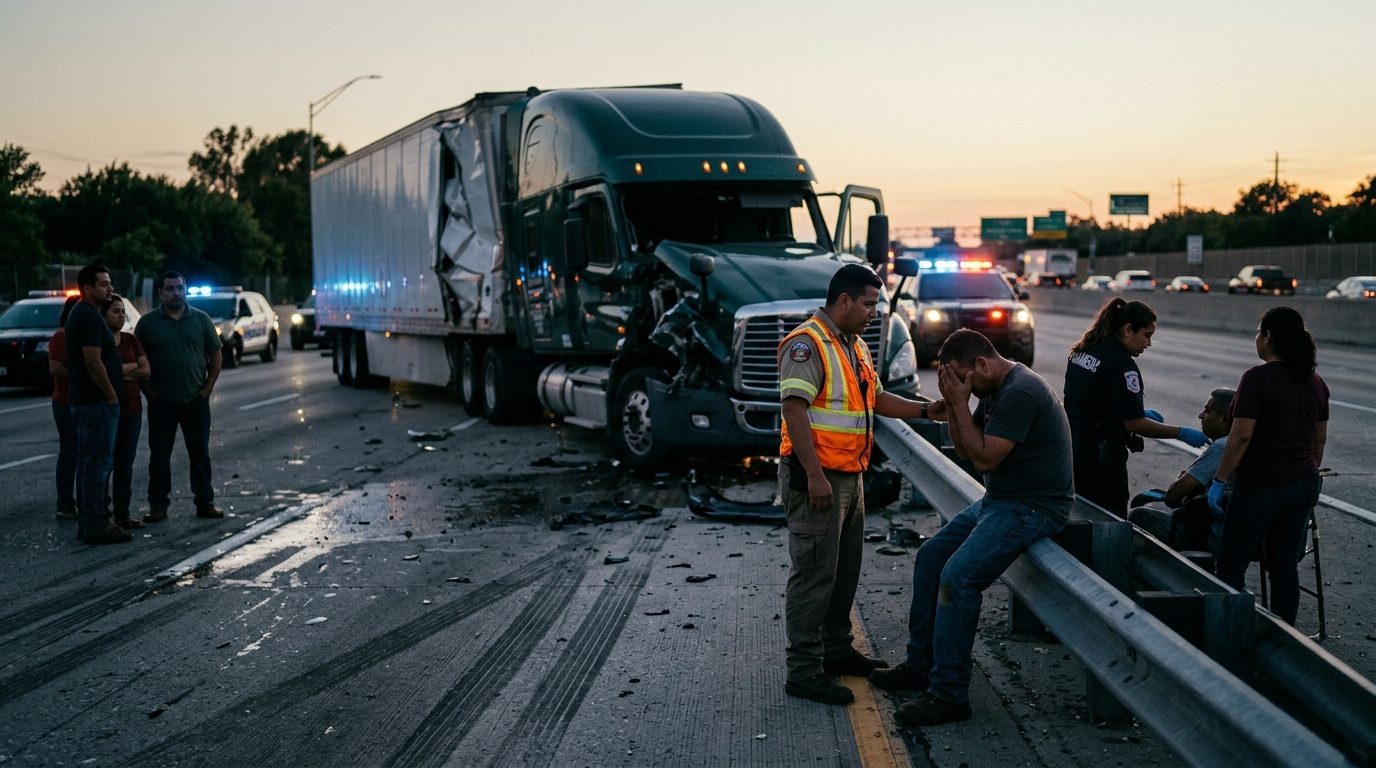 Colisión grave de camión comercial en carretera con personas hispanohablantes.
