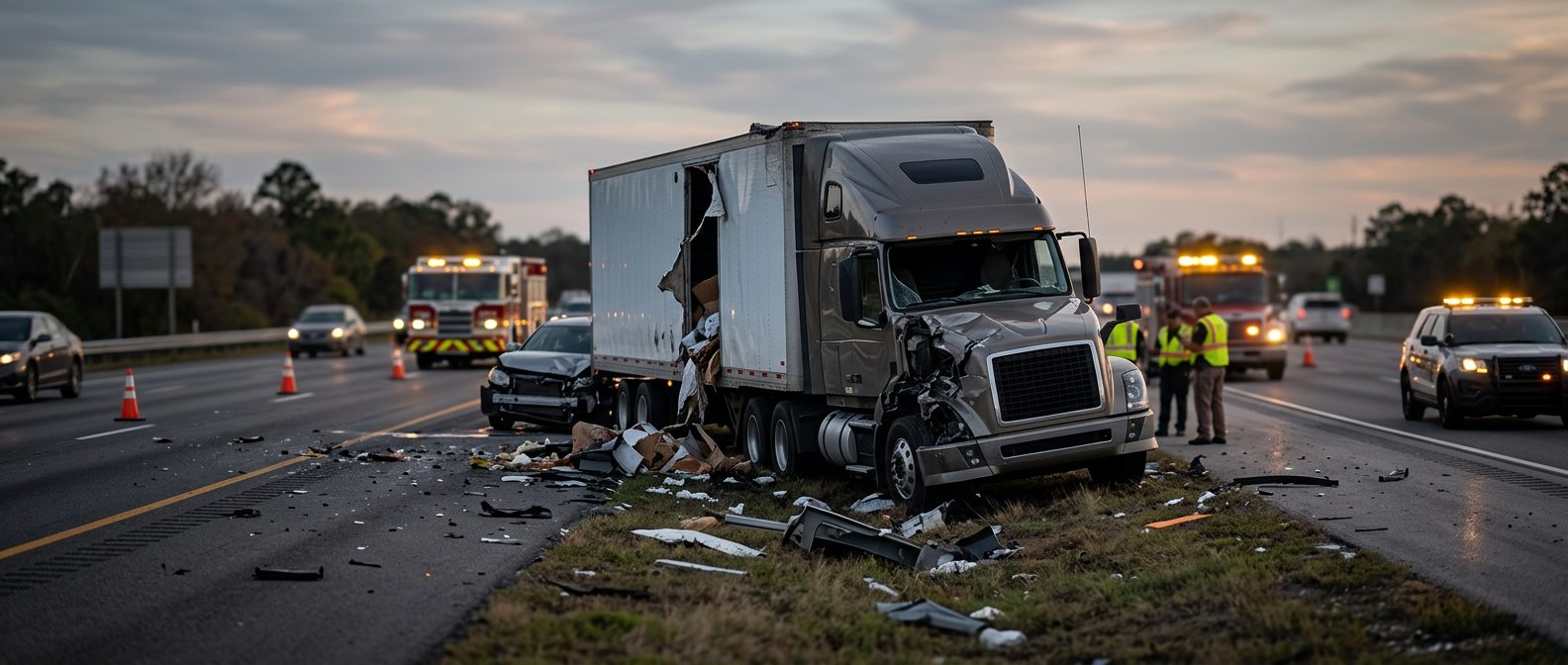 Commercial truck collision wreckage on Florida highway at dusk.