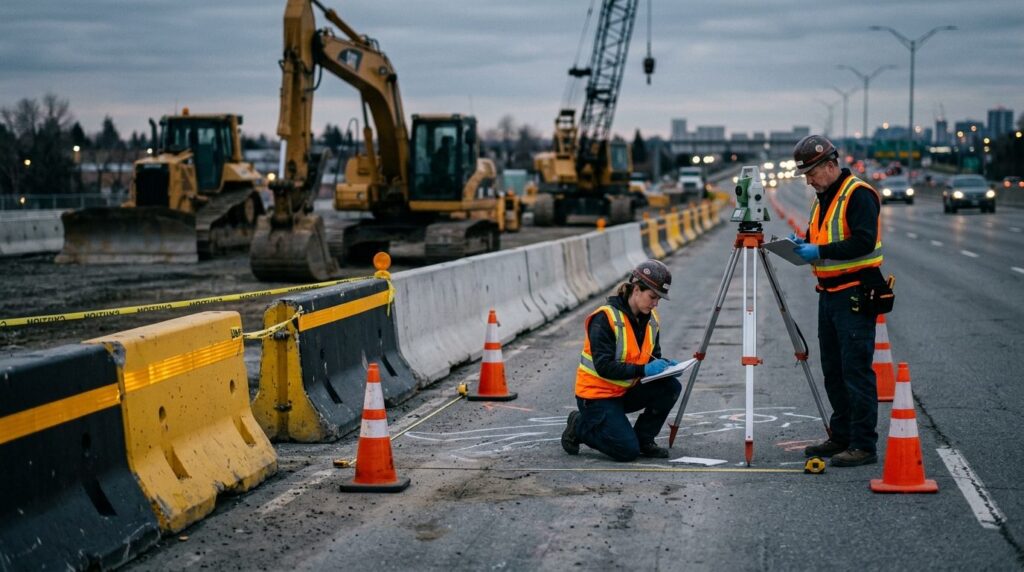 Construction accident scene with investigators documenting equipment and barriers.