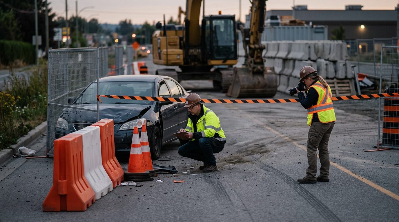 Crash investigators document a construction zone accident scene with heavy equipment and concrete barriers.