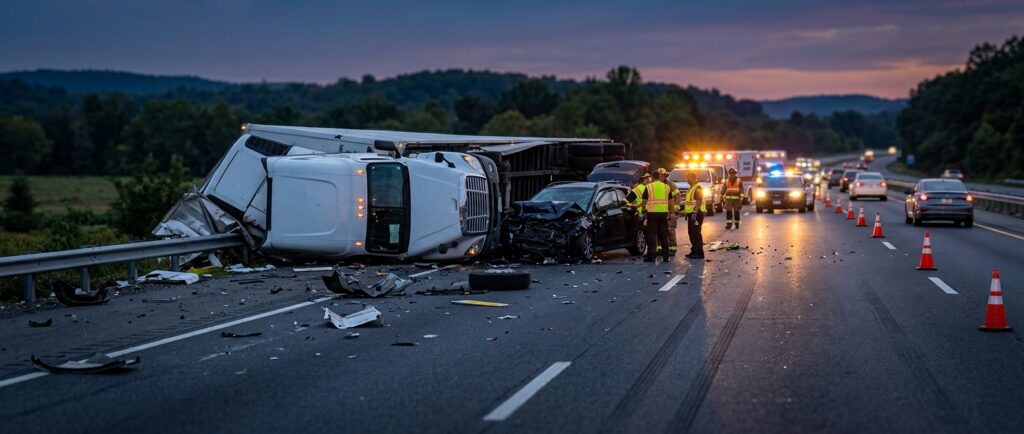 Damaged commercial truck after a highway collision at dusk, illustrating negligence in FMCSA violation cases.