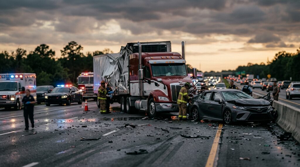 Damaged commercial truck after a highway collision at dusk in Florida.