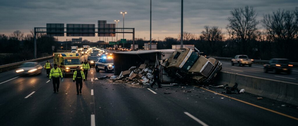 Damaged commercial truck after a highway collision at dusk.