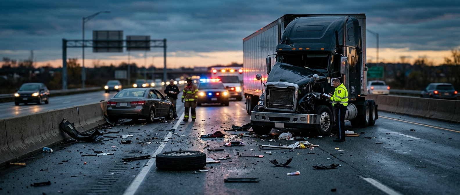 Damaged commercial truck after a highway collision at dusk with debris on the road.