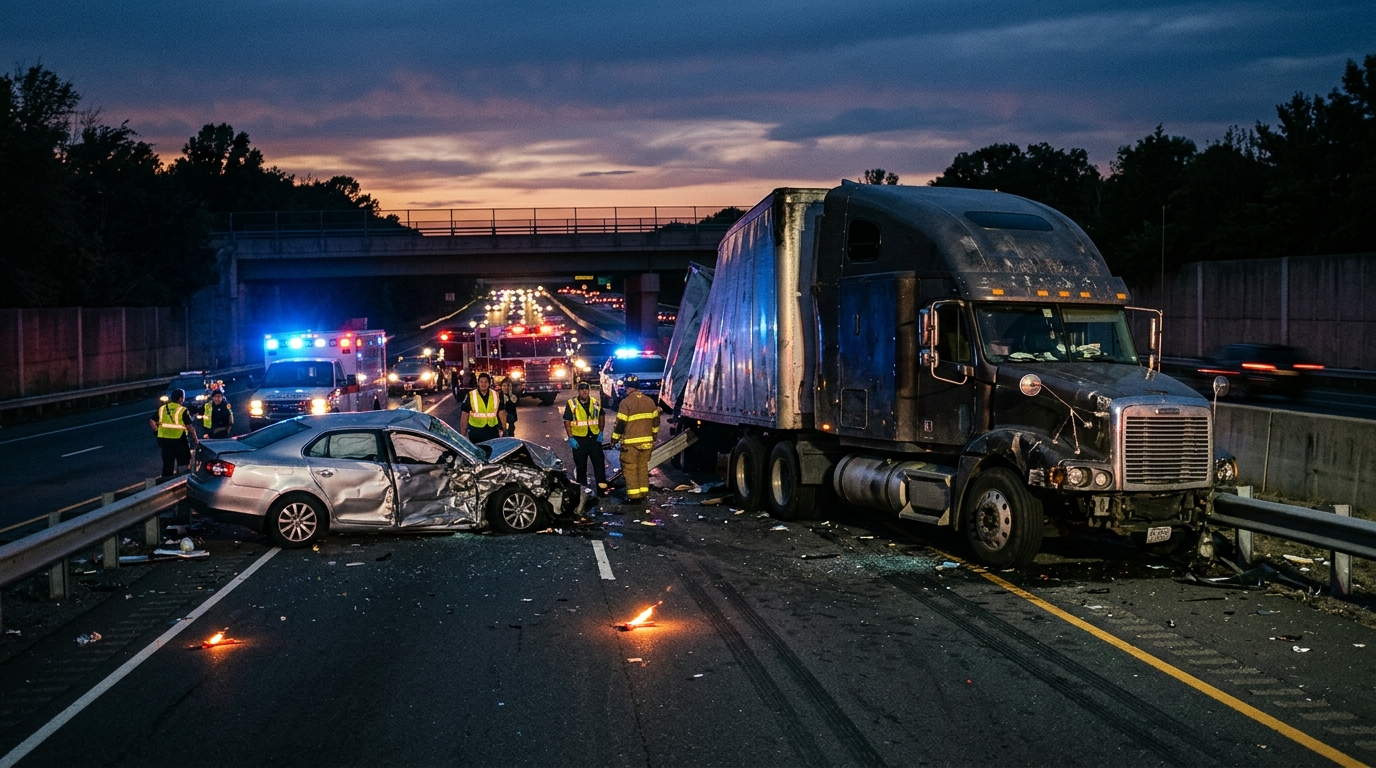Damaged commercial truck after a highway collision at dusk with debris scattered across the road.