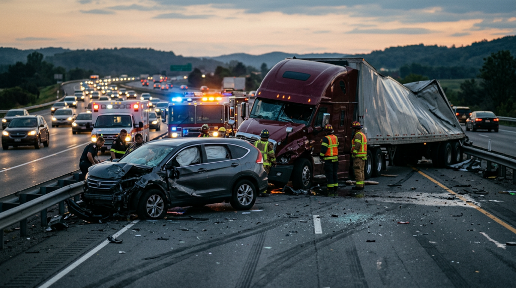 Damaged commercial truck after a serious highway collision at dusk.