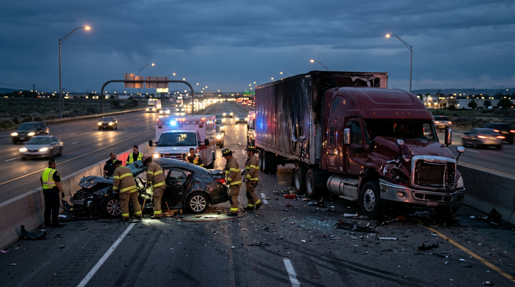 Damaged commercial truck after a serious highway collision at dusk.