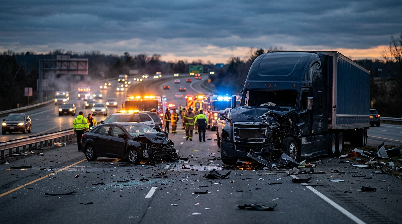 Damaged commercial truck at the scene of a highway collision at dusk.