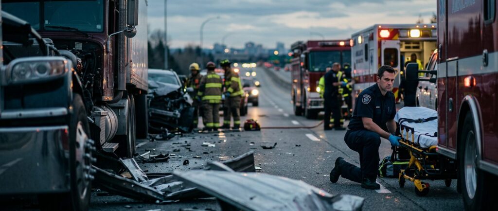 Damaged commercial truck on a highway after a serious collision at dusk.