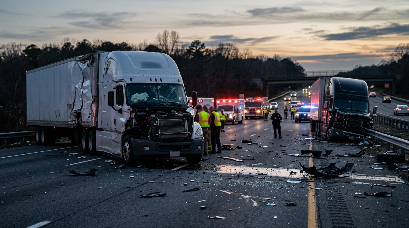 Damaged commercial truck on a highway at dusk after a serious collision.