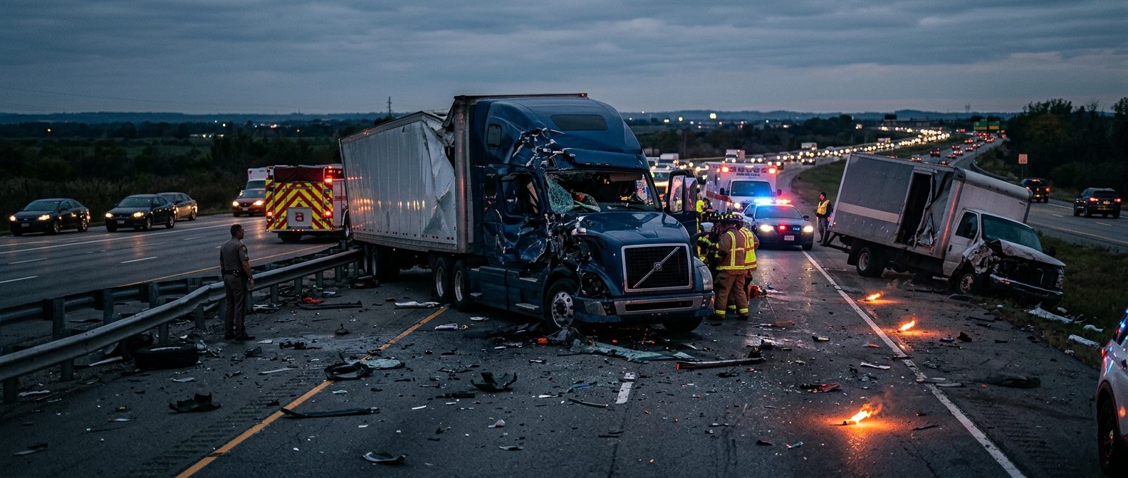 Damaged commercial truck on highway after collision at dusk.