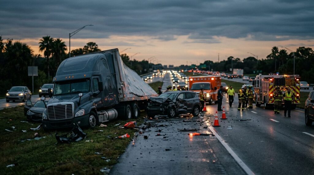 Damaged commercial truck on highway after collision at dusk.