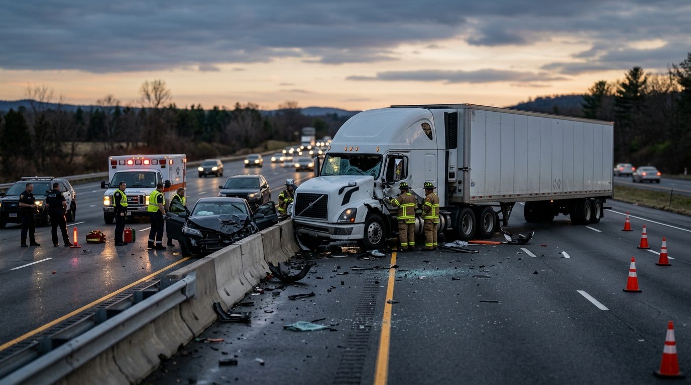 Damaged commercial truck on highway after collision at dusk.
