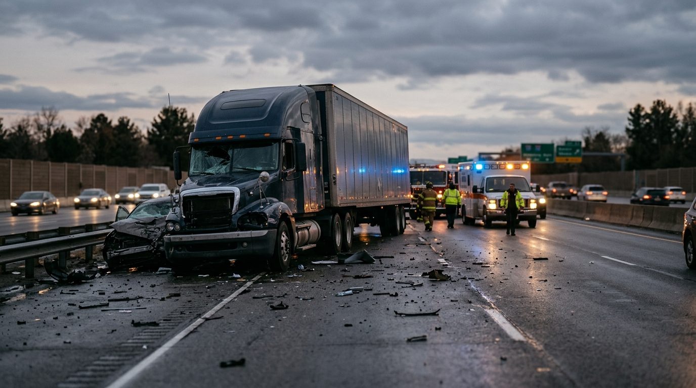 Damaged commercial truck on highway after collision at dusk.