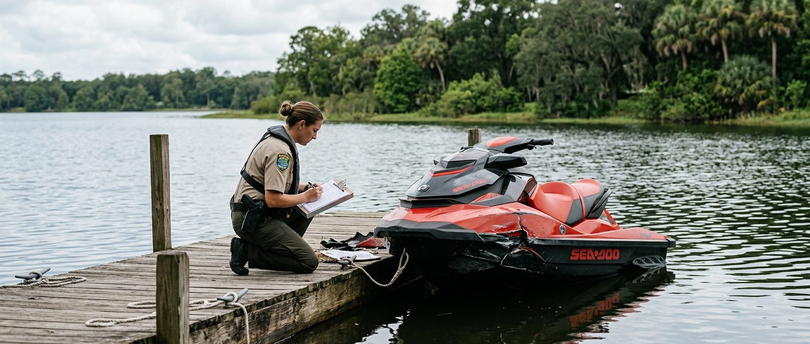 Damaged jet ski at dock with investigator documenting accident scene on calm lakeshore.