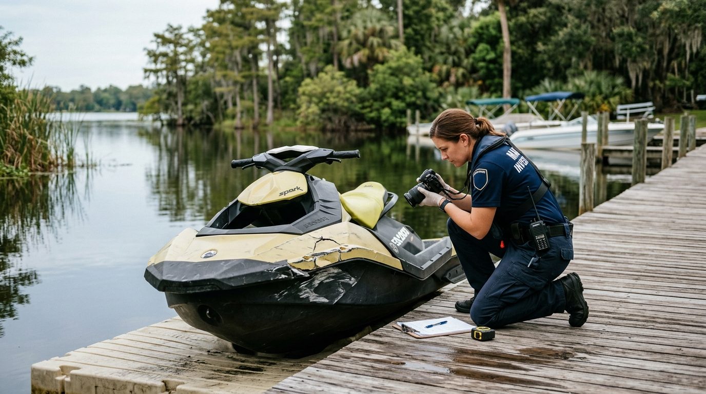 Damaged jet ski at dock with investigator documenting accident scene.