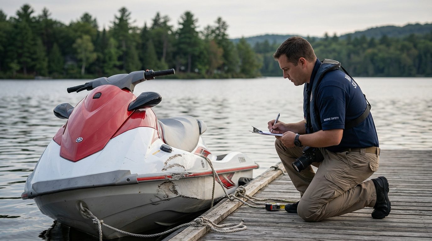 Damaged jet ski at dock with marine investigator documenting accident scene.
