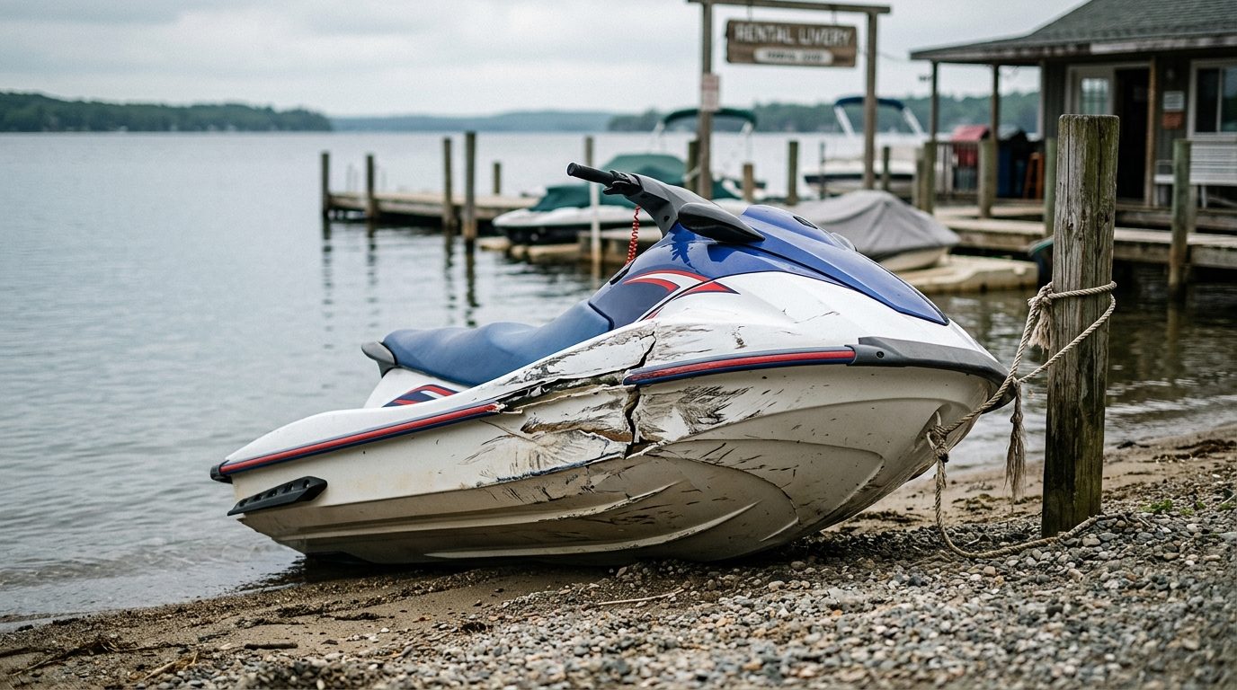 Damaged jet ski beached at rental dock after collision accident.