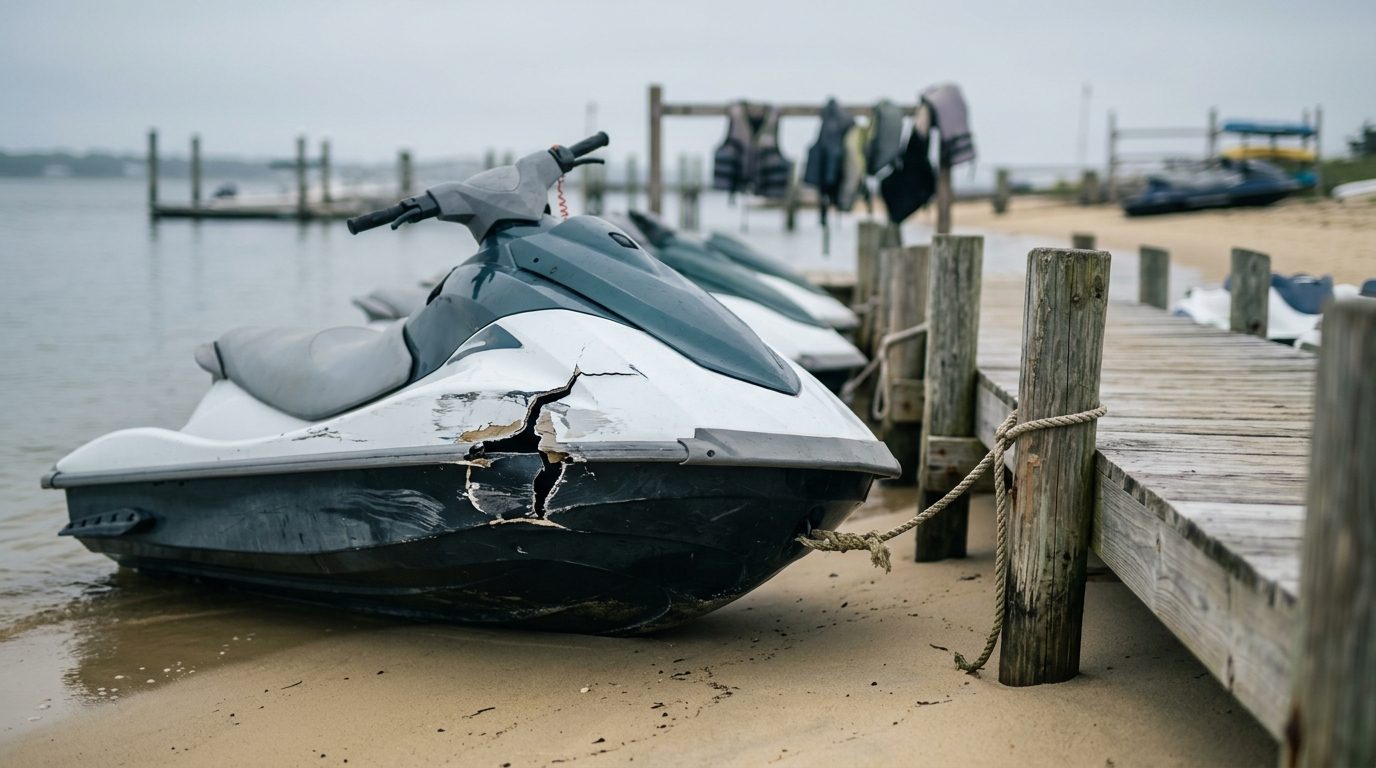 Damaged jet ski beached at rental dock after collision accident.