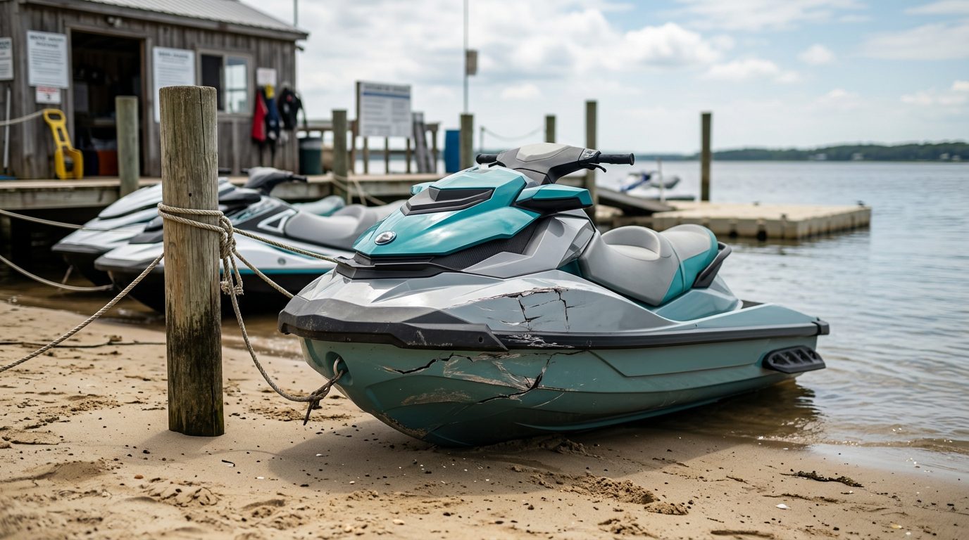 Damaged jet ski beached at rental dock after water collision.