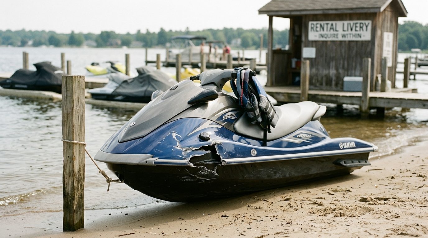 Damaged jet ski beached at rental dock after water collision.