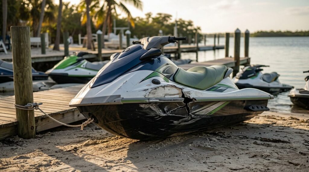 Damaged jet ski beached at rental livery after water collision.