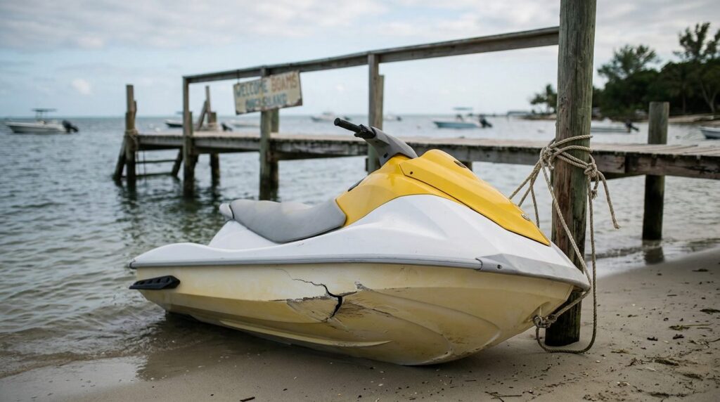 Damaged jet ski beached at rental livery after water collision.