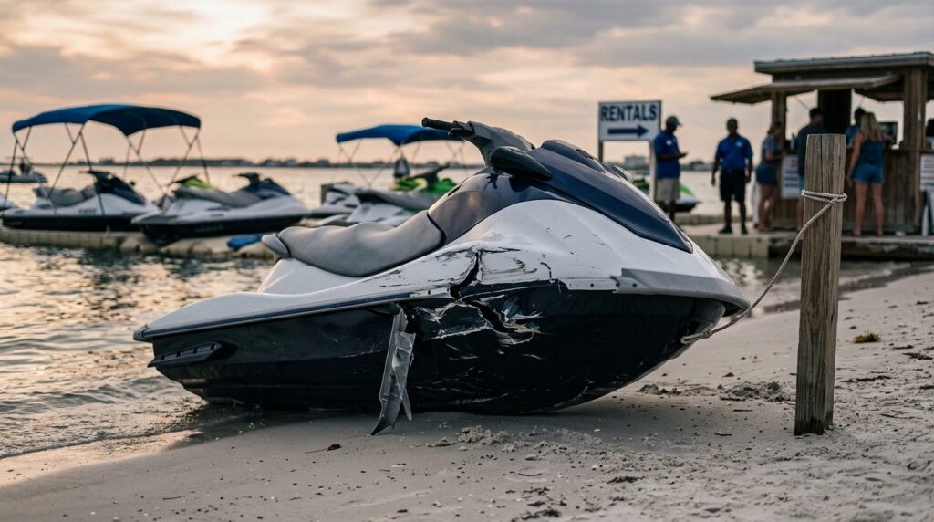 Damaged jet ski beached at rental livery after water collision.