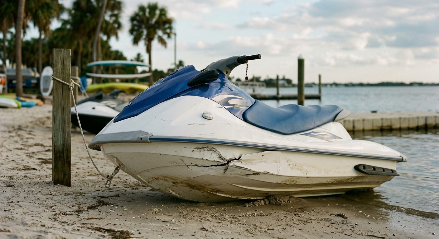 Damaged jet ski beached at rental livery after water collision.