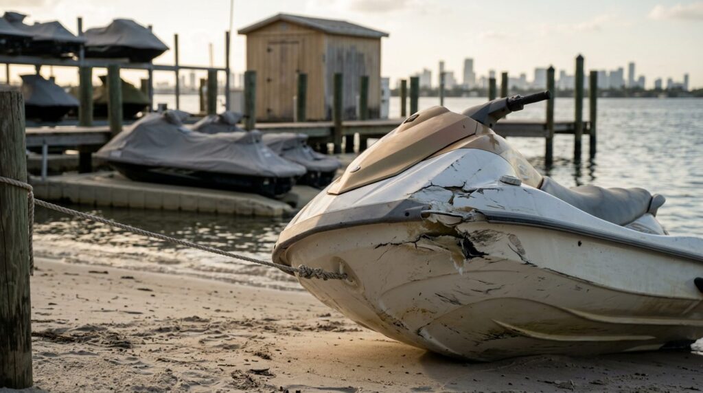 Damaged jet ski beached at rental livery after water collision.